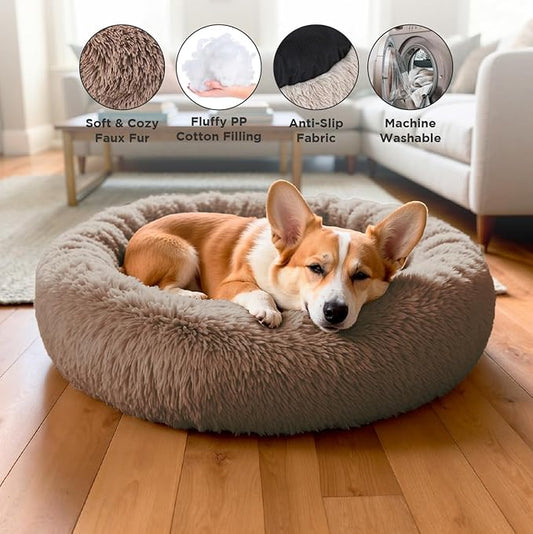 Medium Donut Dog Bed, Calming Dog Bed Washable Ideal for Small to Large Dogs and Cats & Round Dog Bed,Anti-Anxiety Multiple Sizes (Brown, Combo Medium (30" L x 30" W x 8" Th))
