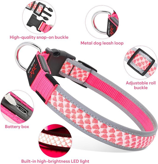 BiPawTi LED Dog Collar Rechargeable, Light Up Dog Collar 3 Light Modes Pet Safety Collar, Super Bright Glow in The Dark Dog Collar for Night Walking, Lighted Dog Collar for Large Dogs (Pink, L)