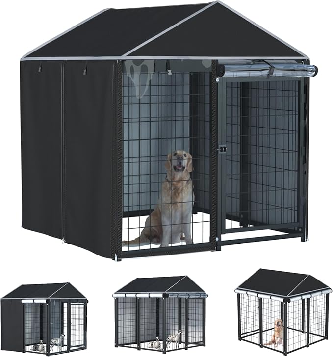 NGB Outdoor Dog Kennel Cover,600d Heavy Duty Waterproof Dog Cages Cover 4.2'Dx4.2'Wx4.5'H for Multiple Brands of Dog Kennels,Full Coverage Windproof Anti-UV,Cover Only,Black.(No Kennel)