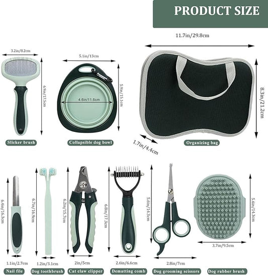 Pet Nail Clippers Trimmer and Grooming Kit, 8 Pieces Pet Grooming Kit - Dematting Comb,Slicker Brush,dog nail trimmer,collapsible bowl and dog toothbrush for Removing Knots and Hair for Dog,Cat