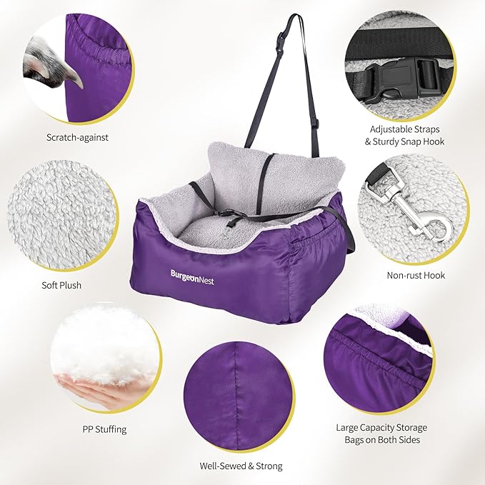 BurgeonNest Dog Car Seat for Small Dogs, Fully Detachable and Washable Carseats Under 25, Soft Booster Seats with Storage Pockets Clip-On Leash Portable Travel Carrier Bed Purple (dbs-p)