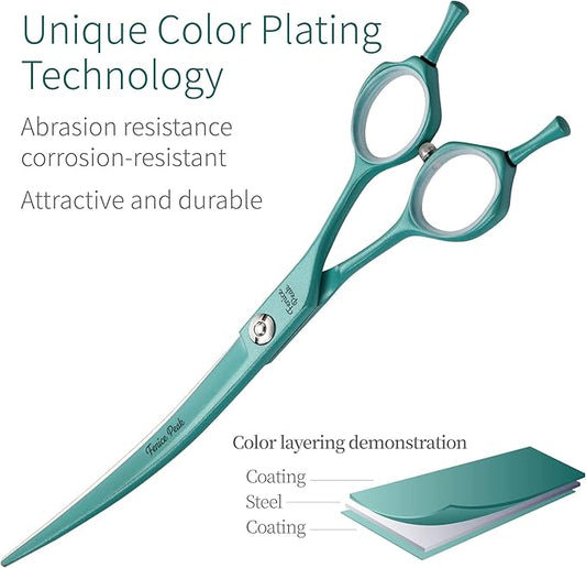 Fenice Peak Curved Dog Grooming Scissors with Cyan Color Coating 440C Stainless Steel Pet Grooming Bending Shears Sharp and Durable Comfortable Engonomic Handle