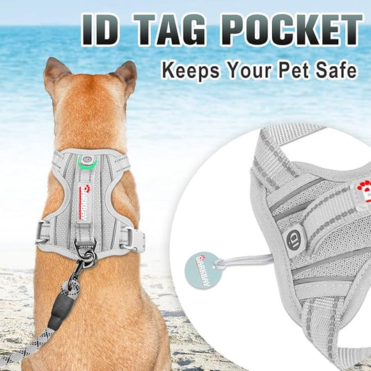 BARKBAY No Pull Dog Harness Large Reflective Dog Harness with Front Clip and Easy Control Handle for Walking Training Running with ID tag Pocket(Grey,L)