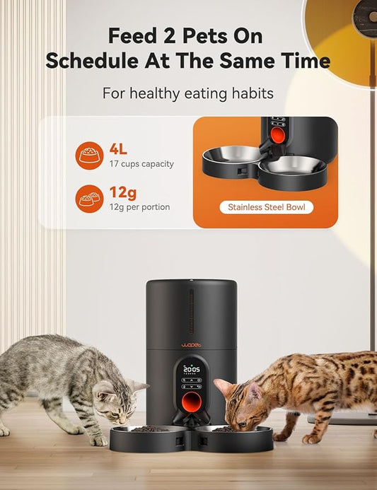 WOPET Automatic Cat Feeders 2 Cats, (𝟮𝟬𝟮5 𝗨𝗽𝗴𝗿𝗮𝗱𝗲) Timed Cat Food Dispenser with Stainless Steel Bowl, Programmable 1-6 Meals Control, Dual Power Supply Auto Pet Feeder for Cats and Dogs