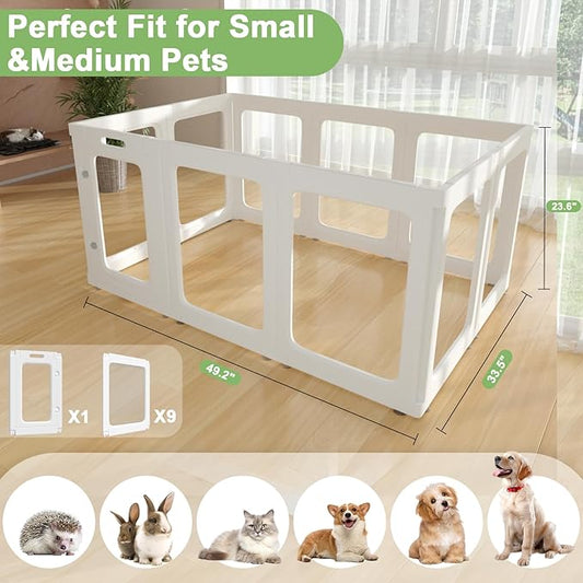 Clear Acrylic Dog Playpen Indoor, 24" Tall Puppy Play Pen with Door for Cat Bunny Small Animals, Transparent Doggie Fence Kennel Rabbit Ferret,Portable Pet Cages Easy Assemble, White, 10PCS