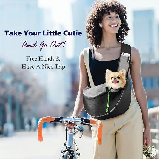 Pawaboo Pet Dog Sling Carrier, Hand Free Drawstring Dog Papoose with Adjustable Strap, Breathable Mesh Bag for Puppy Cat, Crossbody Satchel Dog Purse with Pocket for Outdoor Travel, Black, Small