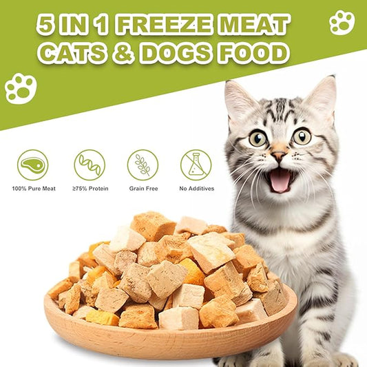 Freeze Dried Chicken Duck Salmon Cube - Cat Dog Dices Food Treats 5 in 1 Raw Egg Yolk High Protein Snacks Easy Digestion Pet Food No Fillers Preservatives or Additives for Training(5 OZ)