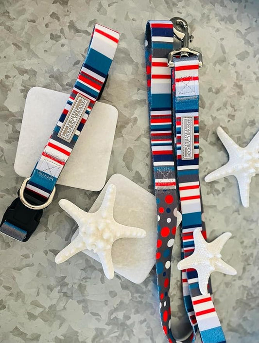 Lucky Love Dog, Nautical Matching Dog Collar and Leash Set, Polka Dot Striped Dog Collar and Leash for Male Female Dogs - (Small, Linus Combo)