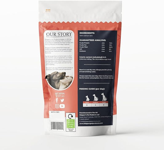 SKIPPER'S Salmon Skin Snacks Dog Treats - Gently Air Dried 100% Salmon Skin Chews Good for Cleaning Teeth, Essential Omega 3 Oils, Hypoallergenic, Wheat & Gluten Free Fish Treats for Dogs | (1.23 Oz)