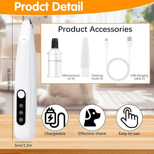 Upgraded Electric Dog Trimmer, Paw Trimmers for Dog's Feet, Rechargeable Pet Shaver with LED Light, Low Noise Pet Hair Clippers for Paws Eyes Ears Face Rump(White)