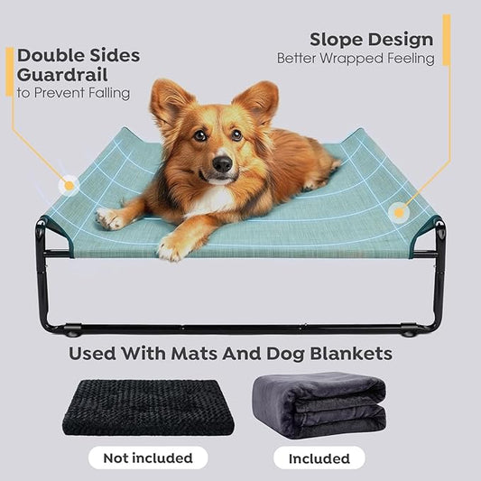 Veehoo Large Elevated Dog Bed with Flannel Dog Blanket, Outdoor Guardrail Raised Pet Cot for Extra Large Dogs, Anti-Slip Camping Dog Hammock Bed, Breathable Teslin Mesh Fabric, XXL, CWC2201B