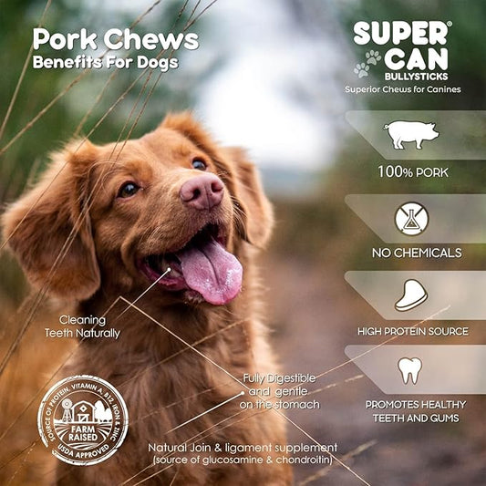 SUPER CAN BULLYSTICKS Pig Snouts for Dogs (8-Pack) 100% Natural Dog Chews - Non-GMOs Fully Digestible - Thick Whole Pork Chews - Long Lasting Dental Dog Treats - Softer Than Bully Sticks and Pig Ears