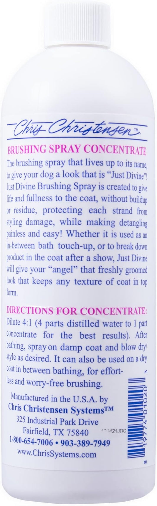 Chris Christensen Just Divine Dog Brushing Spray Concentrate, Groom Like a Professional, Prevents Brushing Damage, Light Detangler, All Coat Types, Made in USA, 16oz