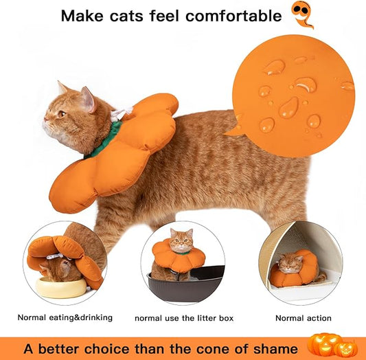 Cute Waterproof Cat Recovery Collar - Anti-Bite Lick Wound Healing Safety Elizabethan Collar - Orange Pumpkin Cat Halloween Costume