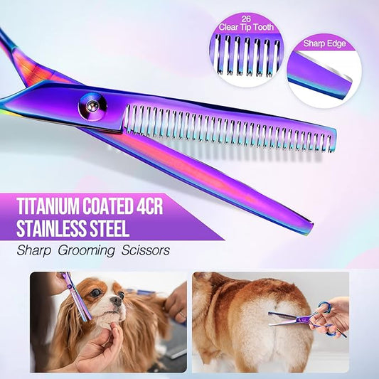 Gimars Dog Grooming Scissors Kit Professional 4CR with Safety Round Tip, 5 in 1 Heavy Duty Titanium Coated Thinning & Curved & Straight Shears