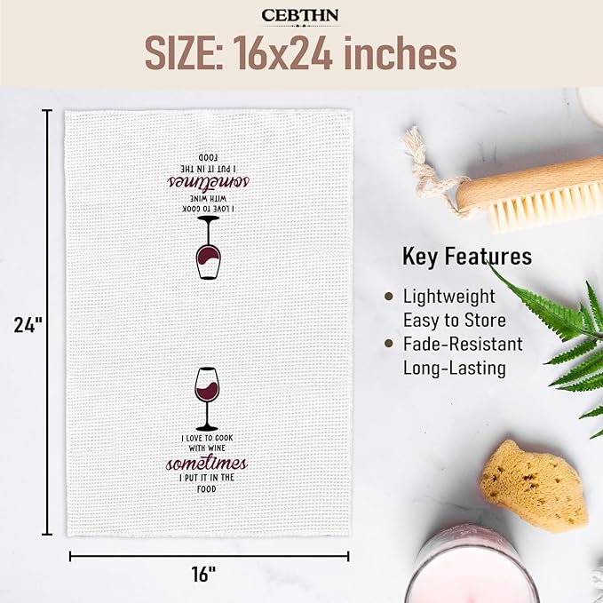 Red Wine Kitchen Towels, Gifts for Wines Lovers Women Dish Hand Towels for Kitchen Bar Cart, I Love to Cook with Wine Sometimes Decorative Bar Towels for Bartender, 16x34 Inch