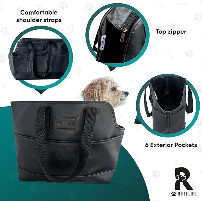 Luxury Dog Purse Carrier for Small Dogs, Faux Leather Pet Carrier Purse, Secure Harness Clip, Dog Tote Bag Carrier for Small Dogs and Puppies - Black