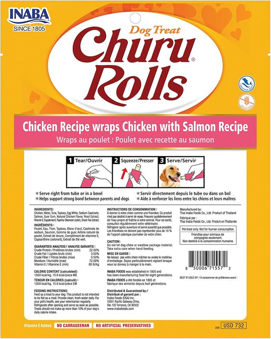 INABA Churu Rolls for Dogs, Grain-Free, Soft/Chewy Baked Chicken Wrapped Churu Filled Dog Treats, 0.42 Ounces Each Stick| 48 Stick Treats Total (8 Sticks per Pack), Chicken with Salmon Recipe