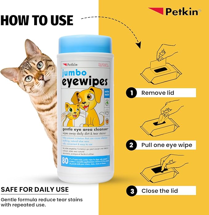 Petkin Jumbo Pet Eye Wipes, 80 Extra Moist Wipes - Gentle Eye Cleansing Wipes Remove Dirt, Discharge, & Tear Stains - Safe, Convenient, & Easy to Use Pet Wipes for Dogs, Cats, Puppies & Kittens