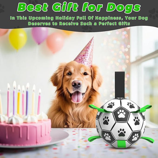 QDAN Dog Toys Soccer Ball with Straps, Puppy Birthday Gifts, Interactive for Tug of War, Durable Balls for Small & Medium Dogs(6 Inch)