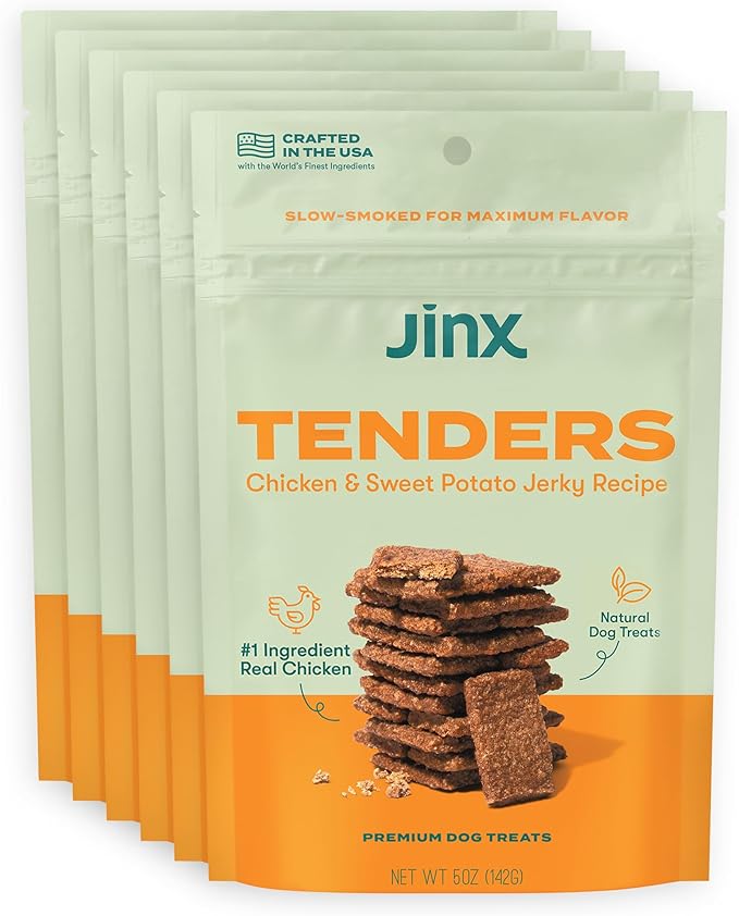 Jinx Tenders Chicken Jerky Dog Treats, All Natural Ingredients, Soft & Chewy, Low-Calorie, Slow-Smoked Chicken & Sweet Potato, No Fillers, 5oz, 6 Pack