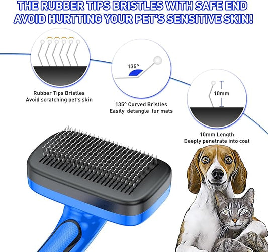Dogs Cats Self Cleaning Slicker Brush for Shedding & Grooming Any Breed of Pets, Removes Loose, Undercoat, Mats, Tangled Hair for Small Medium Large Animal With Long Short Fur Length, Blue