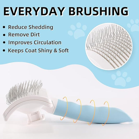 Dog Self-Cleaning Slicker Brush with One Button Fur Removal Deshedding Brush for Dogs and Cats with Medium or Long Hair Remove Loose Undercoat Blue