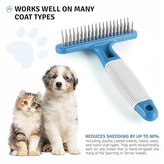 POODLIE Poodle Pet Dog Grooming Rake | Dematting Tool with Stainless Steel Shedding Comb for Pets | 2 Rows of Pins Gently Remove Loose or Tangled Hair from Undercoat (Blue)