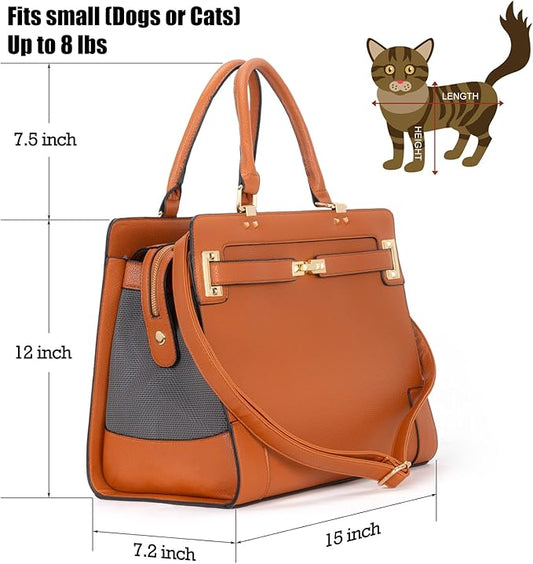 Stylish Pet Carrier Purse Leather Bag for Small Dogs Cats Puppy,Airline Approved Soft-Sided Carriers (Brown 2)