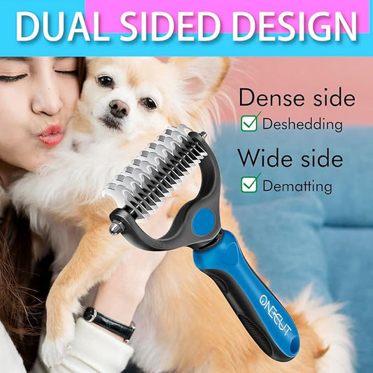 OneCut Pet Grooming Brush and Metal Comb Combo, Pet Grooming Rake and Brushes for Small, Medium & Large Dogs Double Sided Deshedding Tool Removes Knots and Tangled Hair (Red)