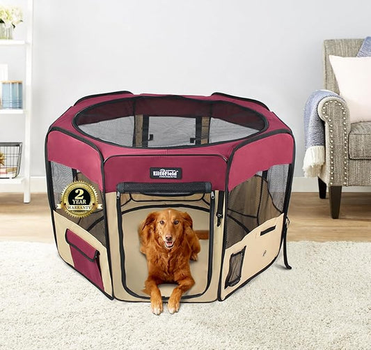 EliteField 2-Door Soft Pet Playpen (2 Year Warranty), Exercise Pen, Multiple Sizes and Colors Available for Dogs, Cats and Other Pets (52" x 52" x 32"H, Maroon+Beige)