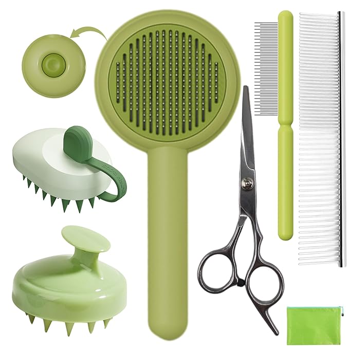 Dog Grooming Brush Set, 7 PCS Dog Slicker Deshedding Hair Brushes for Short Long Haired Dogs Cats, Dog Scrubber Shower Wash Brush, Dematting Comb, Scissor, Green