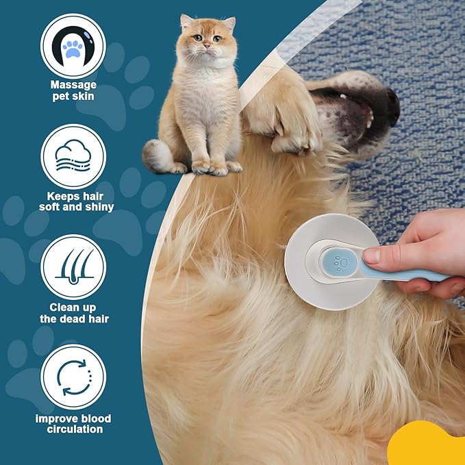 New cat brush&dog brush,pet hair brush with Self Cleaning Button Easy to remove loose undercoat,Needle-tip massage beads, no harm to the skin (Grey)