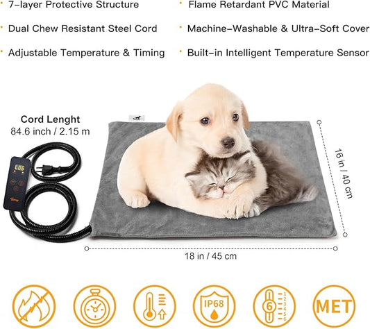 Toozey Pet Heating Pad, 6 Adjustable Temperature Dog Cat Heating Pad with Timer, Waterproof Heated Cat Bed with Chew Resistant Cord, Electric Heating Pads for Cats, Indoor Pet Heated Mat 18x16in