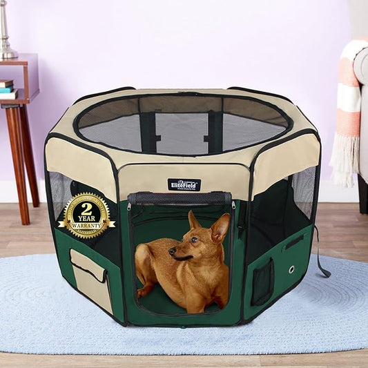 EliteField 2-Door Soft Pet Playpen (2 Year Warranty), Exercise Pen, Multiple Sizes and Colors Available for Dogs, Cats and Other Pets (30" x 30" x 20"H, Beige+Green)