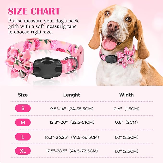 Airtag Dog Collar for Small Dogs, Rose-Pink Dog Collars Girl with AirTag Holder Waterproof Airtag Case, Including Flower Spring Dog Collar Bowtie, for All Female Dogs 