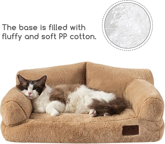 Hollypet Fluffy Plush Pet Dog Cat Couch Soft Calming Pet Sofa Bed for Medium Small Cats and Dogs, Light Brown