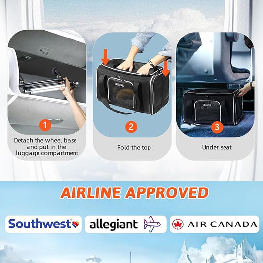 Petskd Top-Expandable Pet Carrier with Wheels 18x13x9.5 Inches Southwest Allegiant Airline Approved, Soft-Sided Carrier for Small Cats Dogs with Locking Safety Zippers and Anti-Scratch Mesh(Black)