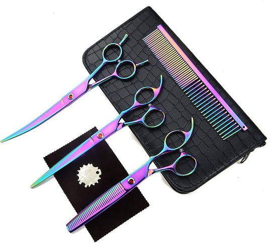 LILYS PET Professional PET Grooming Scissors Kit,Coated Titanium,Sharp and Strong Stainless Steel Blade for Dogs Cats Hair Cutting,3 Pieces of Scissors with a Comb and a Case (7.5 inches, Rainbow)