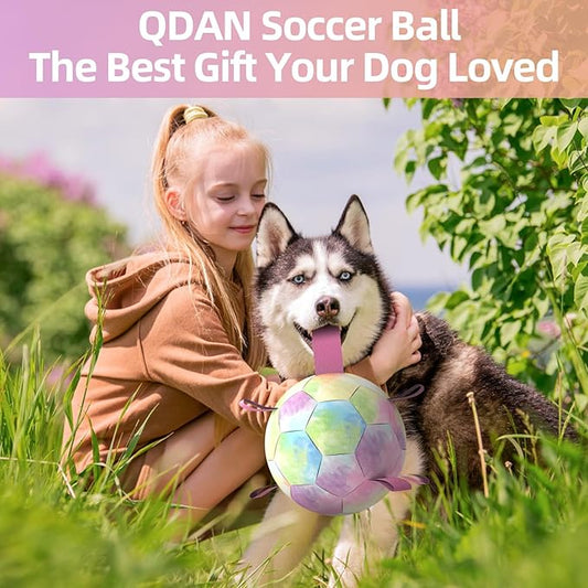 QDAN Extra Large Dog Toys Soccer Ball - Durable Dog Balls for Extra Large Dogs, Beach Pool Dog Water Toy, Interactive Dog Toys for Tug of War, Puppy Birthday Gifts, Rainbow (9 Inch)