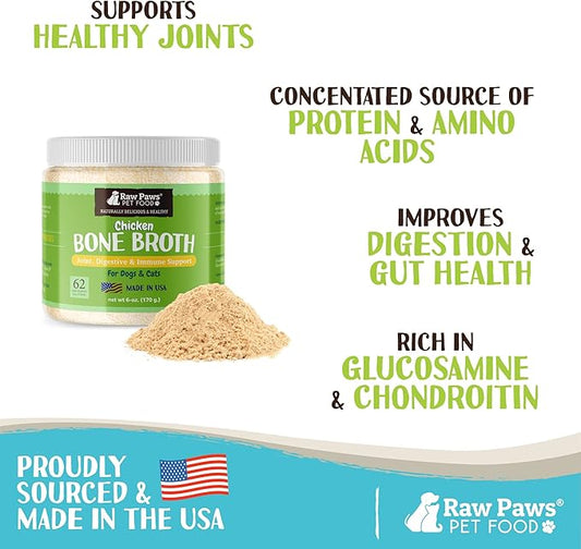 Raw Paws Chicken Bone Broth for Dogs & Cats, 6-oz - Made in USA - Dog Food Topper - Bone Broth Protein Powder for Dogs, Powdered Bone Broth for Dogs, Bone Broth for Cats, Dog Gravy Topper for Dry Food