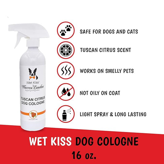 Warren London - Wet Kiss Dog Cologne, Long Lasting Dog Spray, Dog Deodorant to Remove Odor from Stinky Dogs, Tuscan Citrus, 16 Ounce Bottle
