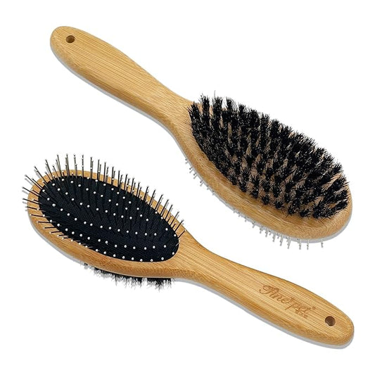 Der Meister Dogs & Cats Double Sided Boar Bristle Pin Brush, Pets Hair Remover, Gently Cleaning Grooming Tool with Bamboo Handle, Remove Loose Hair, Fur, Undercoat, Mats, Tangle, Knots
