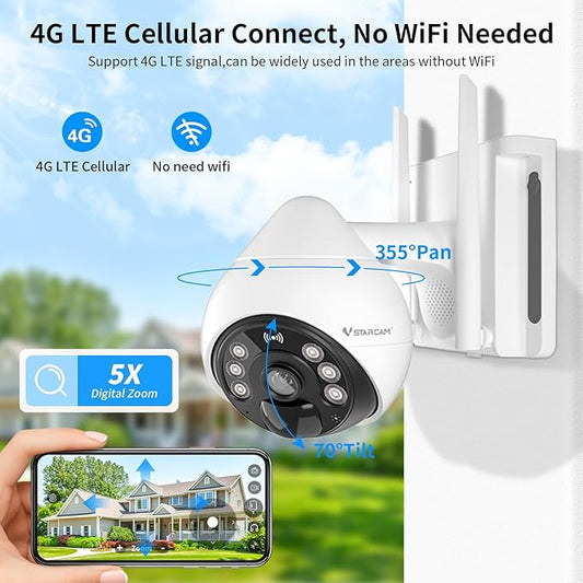 VSTARCAM 4G LTE Cellular Security Camera Wireless Outdoor, 3MP Solar Powered Security Cameras for Home with Color Night Vision, Human Detection, 360° View, 2-Way Audio, IP66, Cloud Storage (BG69-TZ)