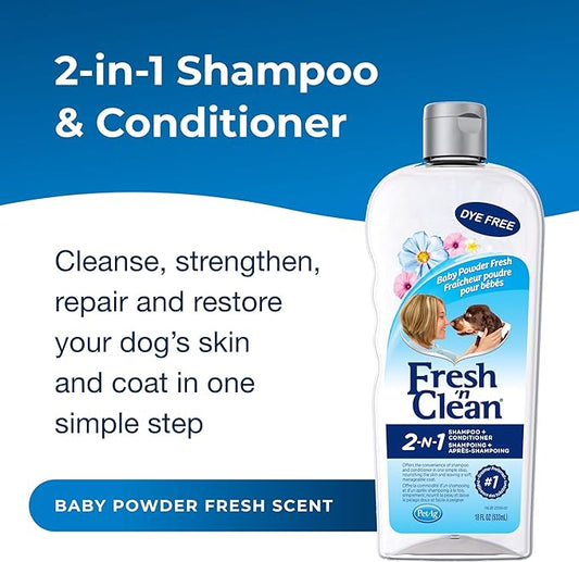 PetAg Fresh ’n Clean 2-N-1 Conditioning Shampoo, Baby Powder Scent - 18 oz - Moisturizes with Vitamin E & Aloe Vera - Strengthens & Repairs Coats - Soap Free