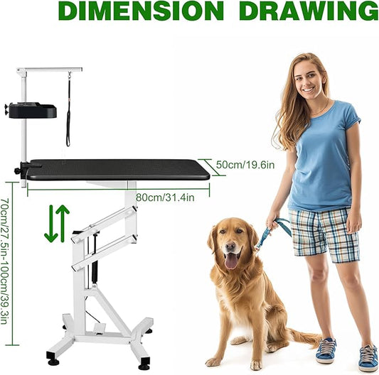31" Dog Grooming Table, Pneumatic Lift Adjustable Small Pet Trimming Station for Home with Anti-Skid Rubber and Rotatable Desktop (Up to 50lbs)