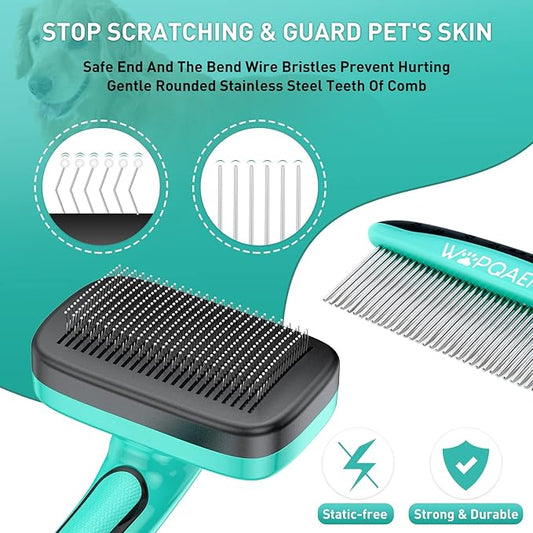 Dog Brush Kit for Grooming Short Long Haired Cats, 3 in 1 Dog Grooming Set for Small Animals, Puppy Self-Cleaning Slicker Brush for Shedding Medium & Large Dogs. Free Pet Comb + Nail Clippers
