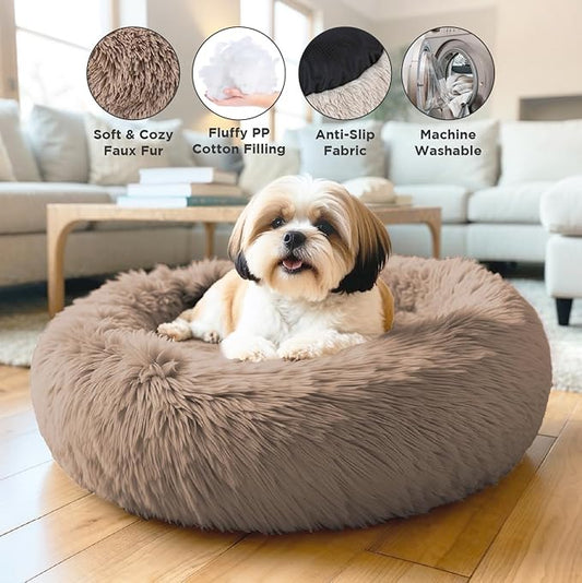 Small Donut Dog Bed, Calming Dog Bed Washable Ideal for Small to Large Dogs and Cats & Round Dog Bed,Anti-Anxiety Multiple Sizes(Brown, Combo X-Small (21" L x 21" W x 7" Th))