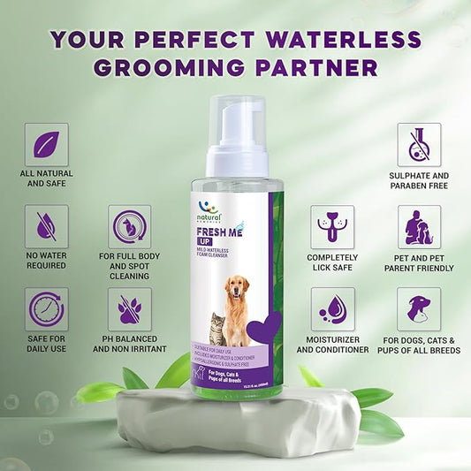 Natural Remedies Fresh Me Up Waterless Mild Foam Cleanser for Dogs and Cats - Dry Shampoo - Grooming Bath Supplies- Pet Deodorizer, Lick Safe, Hypoallergenic & Sulphate Free, All Breeds, 15.21 fl. oz.