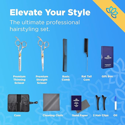 Equinox Professional Hair Scissors Set - Premium Essential Kit, Includes Hair Cutting Scissors, Thinning Shears, Straight Razor, Basic Comb, Cleaning Cloth, & Sandpaper - Hair Salon & Barber Supplies